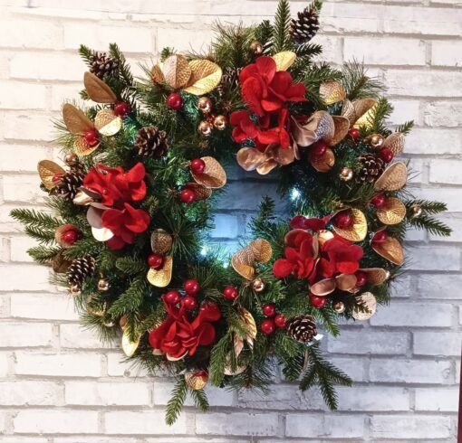 Fuori porta Natalizio  con led decorata con fiori rosso e oro
